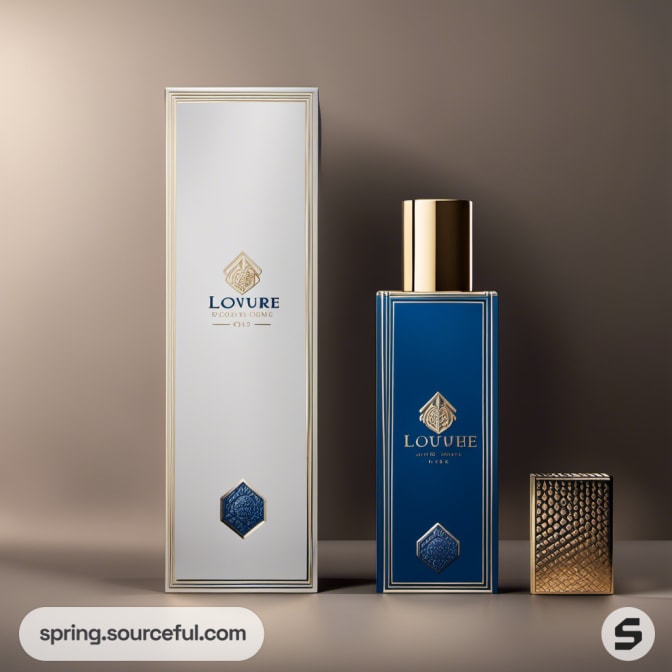 Blue and gold bottle with matching tall sleek packaging.