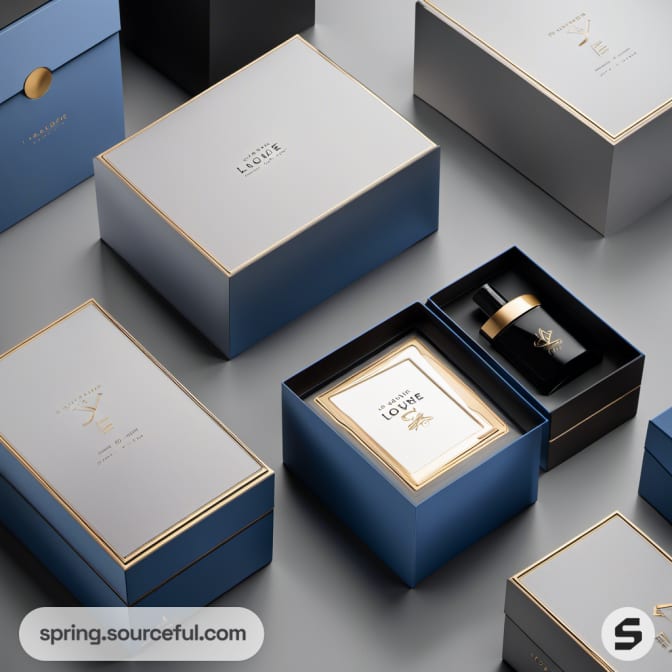 Blue and silver luxury box set with gold interior details.