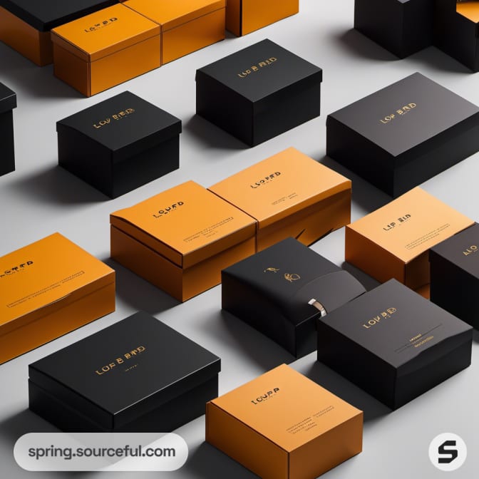 Assorted black and orange boxes with sleek branding.