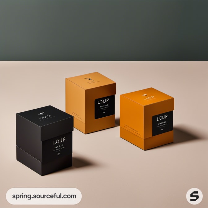 Three vertical black and orange boxes on neutral background.