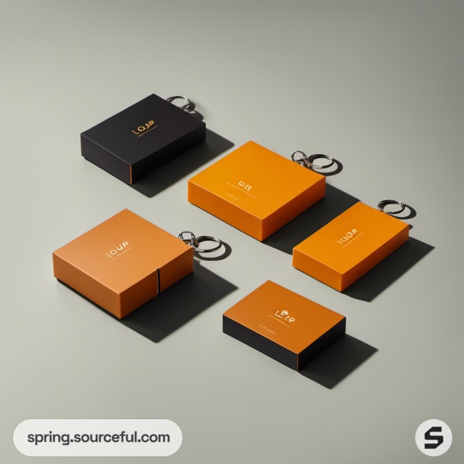 Keychain and assorted orange and black boxes arrangement.