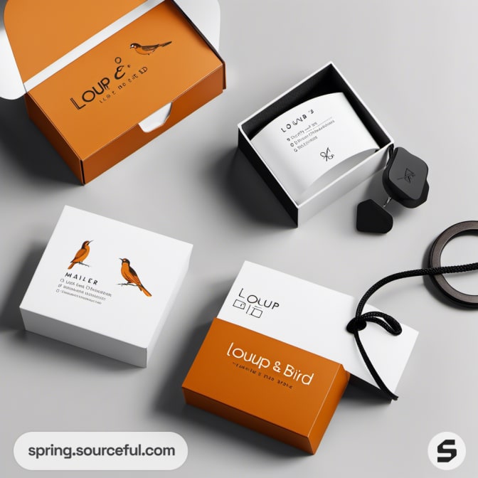 Orange and white open boxes with product and black key.