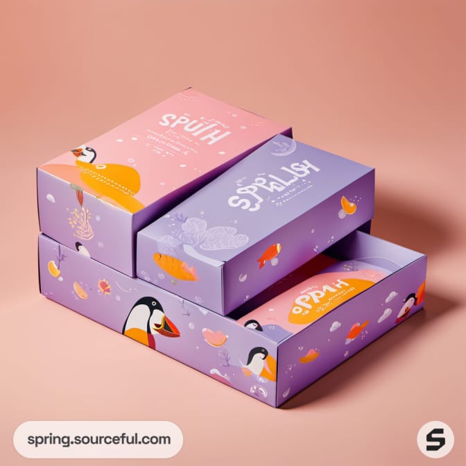 Colorful mailer boxes with penguin designs in purple, pink, and orange, set against a peach background.