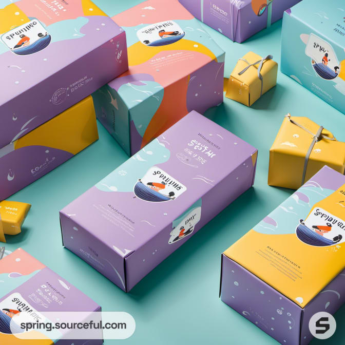 Assorted packaged boxes in purple, yellow, and teal with penguin designs on a teal background.