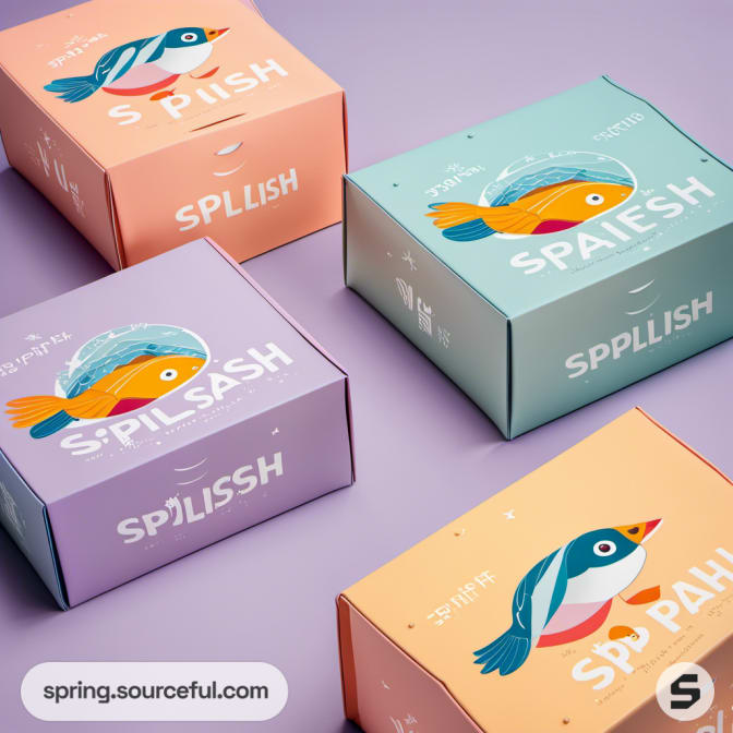 Assorted mailer boxes in pastel colors with bird illustrations, arranged on a purple surface.