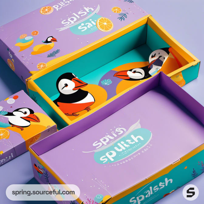 Open mailer boxes with penguin illustrations and purple and teal interior.