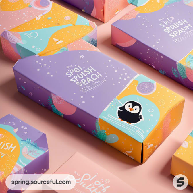 Colorful rectangular boxes with penguin designs, featuring a mix of purple, orange, and teal colors.