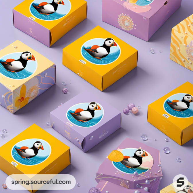 Yellow and purple boxes with puffin illustrations arranged on a purple surface.