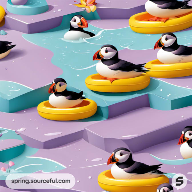 Multiple puffins floating on water with yellow rings in a stylized aquatic scene.