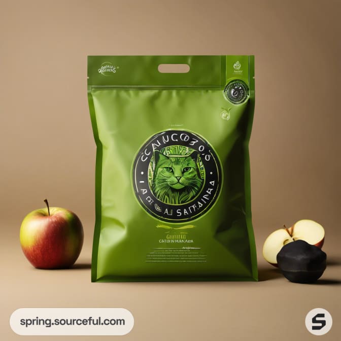 Green resealable pouch of cat food with cat emblem and two apples beside.