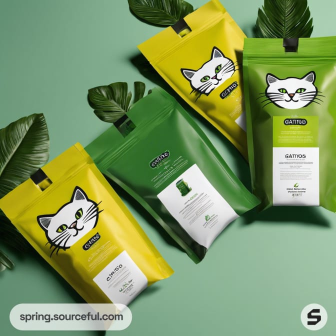 Four colorful resealable cat food pouches with smiling cat illustration and leaves.
