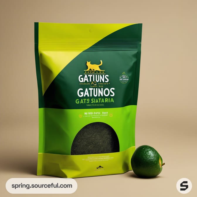 Large green and yellow resealable pouch of cat food with a lime beside.