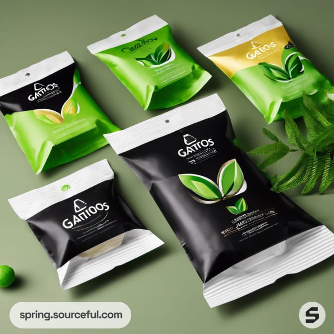 Five assorted cat food pouches in black, green, and white with leaf designs.