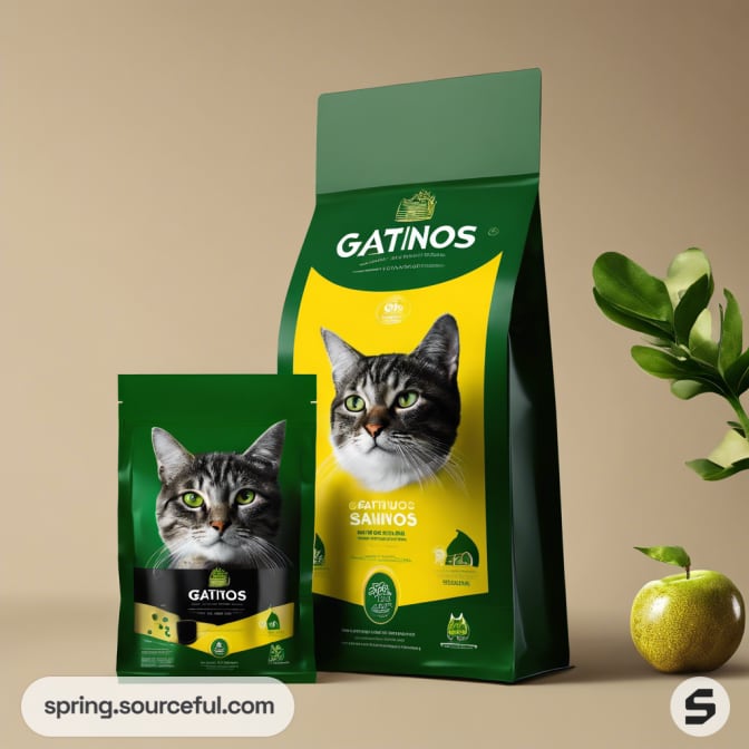 Two cat food pouches with cat illustration on green and yellow background, green apple beside.