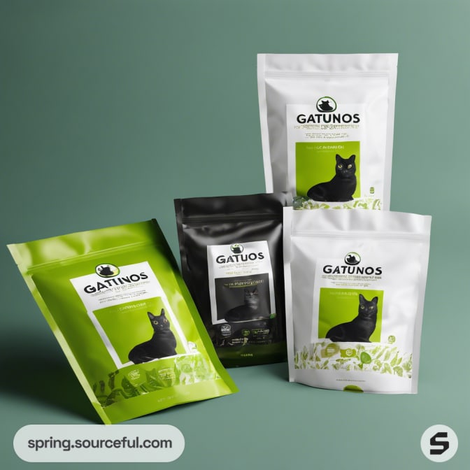 Collection of black and green pouches featuring silhouettes of cats on green background.