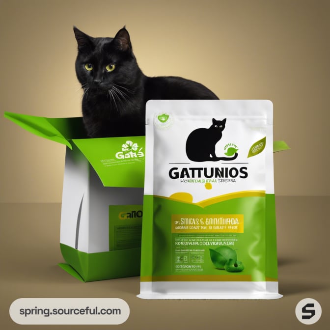 Black cat sitting in green-themed box with a green and white pouch upfront.