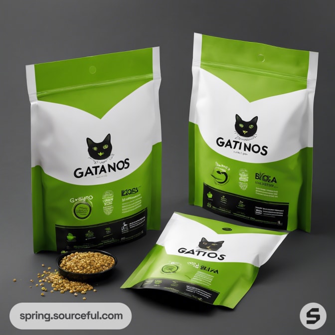 Three green resealable pouches of cat food with cat illustrations and grains scattered.