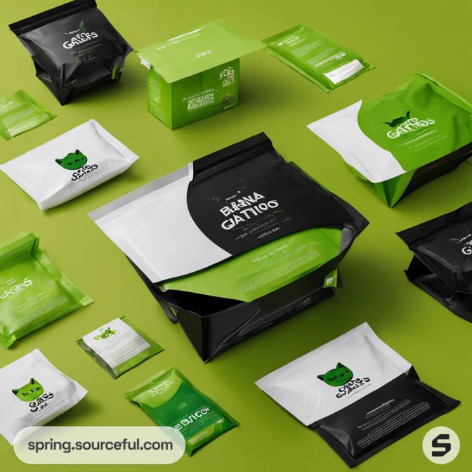 Assorted green and black cat food pouches arranged on green surface.