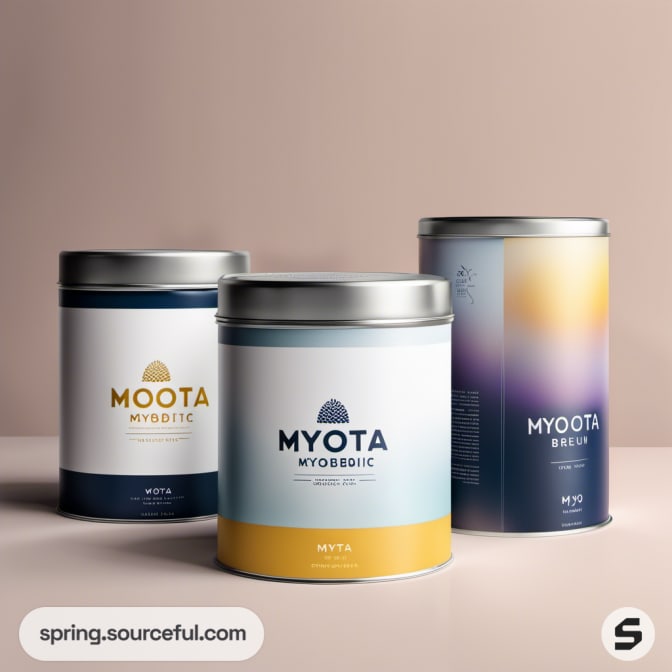Three cylindrical tins with colorful labels