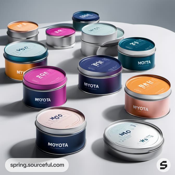 Assorted colorful round and oval tin cans