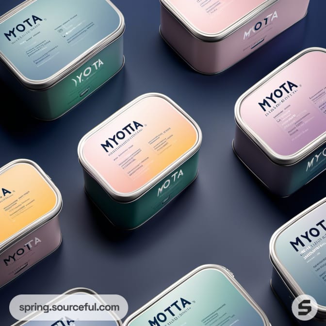 Colorful rectangular tins on dark background