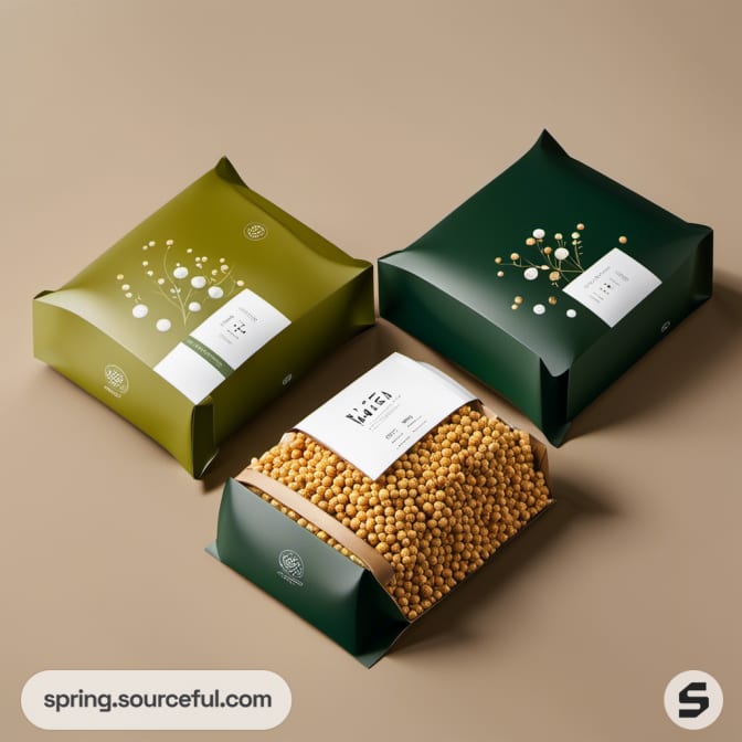 Three green pillow boxes with floral designs; one open showing millet.
