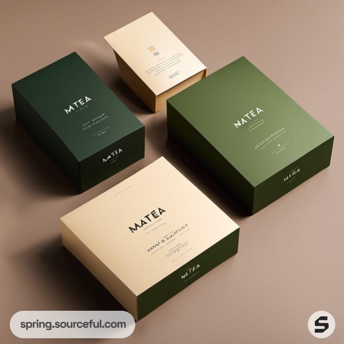 Four rectangular tea boxes in green and beige with simple text on a beige background.