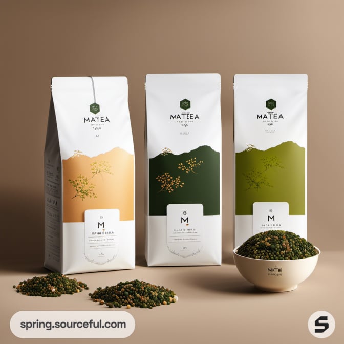 Three white and green resealable pouches with plant imagery, next to bowls with grains.