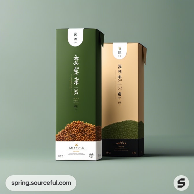 Tall rectangular boxes in green and brown with text in Asian characters.