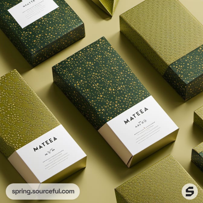 Green and gold patterned rectangular boxes on a light green background.