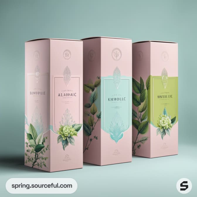 Three pastel-colored tall boxes with floral and leaf designs, each featuring different shades of green and pink.