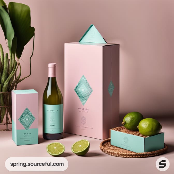 Wine bottle and boxes with teal and pink design, limes on a woven mat, against a neutral backdrop.