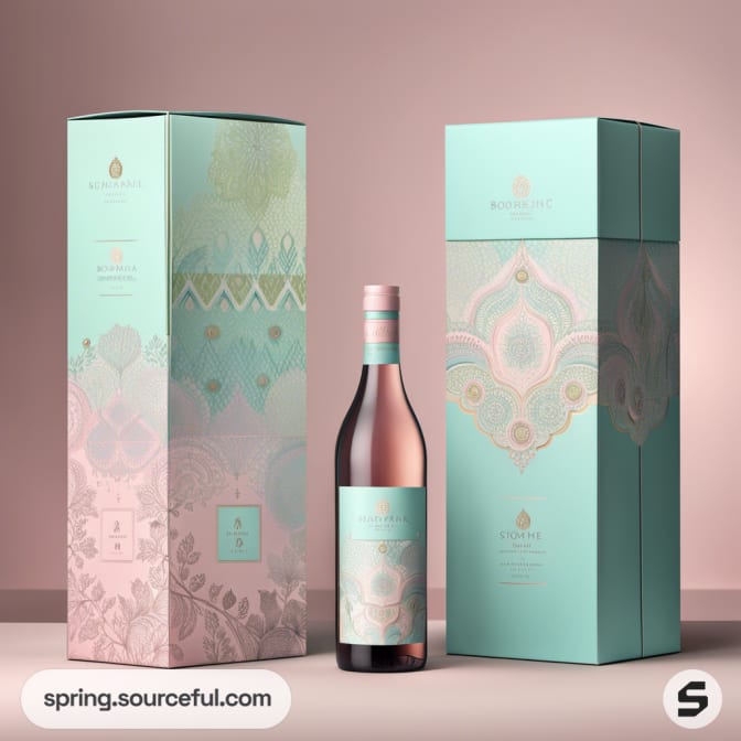 Teal wine bottle with matching patterned box, featuring floral and geometric designs on a soft pink background.