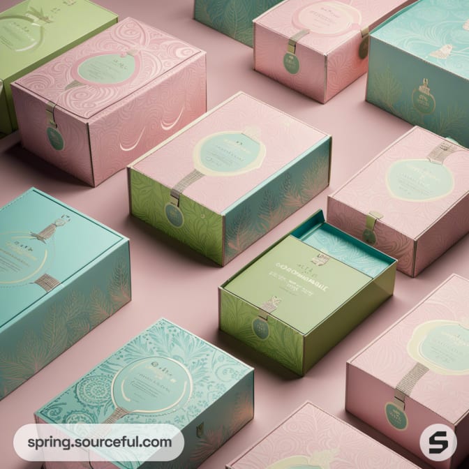 Pastel-colored boxes with elegant patterns and circular labels, arranged on a light pink surface.