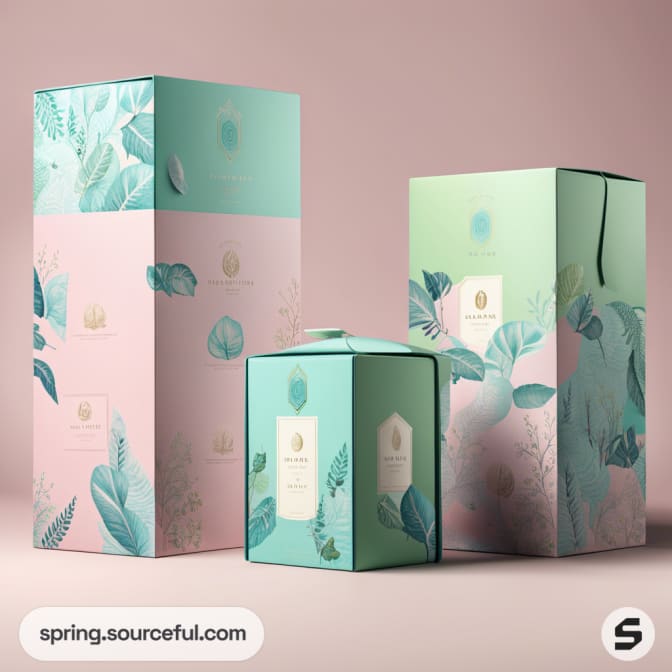 Elegant gift boxes in soft pink and teal with floral patterns and gold accents.