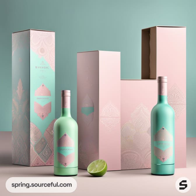 Two pastel-colored bottles with matching decorative boxes, featuring intricate patterns, set against a soft background.