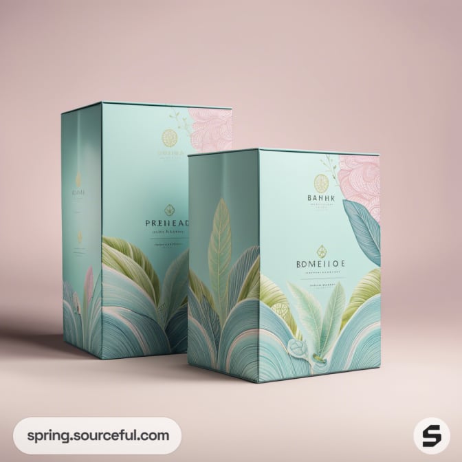 Elegant blue-green packaging with floral patterns, featuring text and a subtle logo.