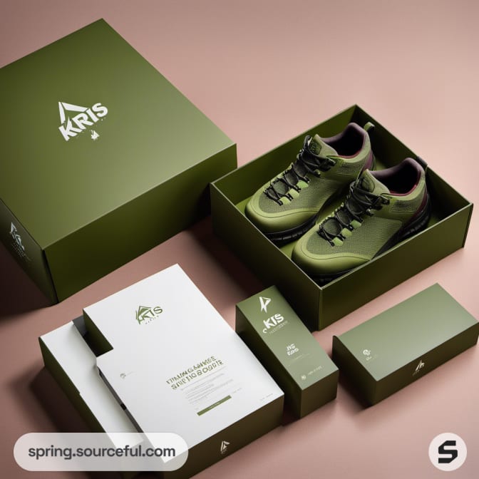 Green shoe box with olive green shoes and additional items.