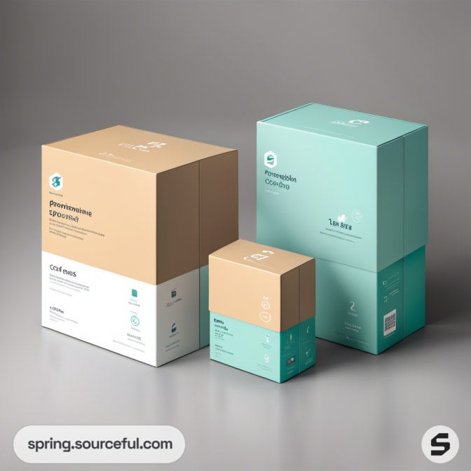 Three stackable boxes in beige and teal with minimalist design.