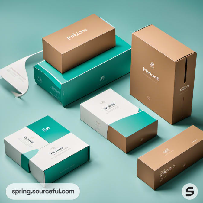 Six teal and beige boxes, two partially opened, on teal surface.