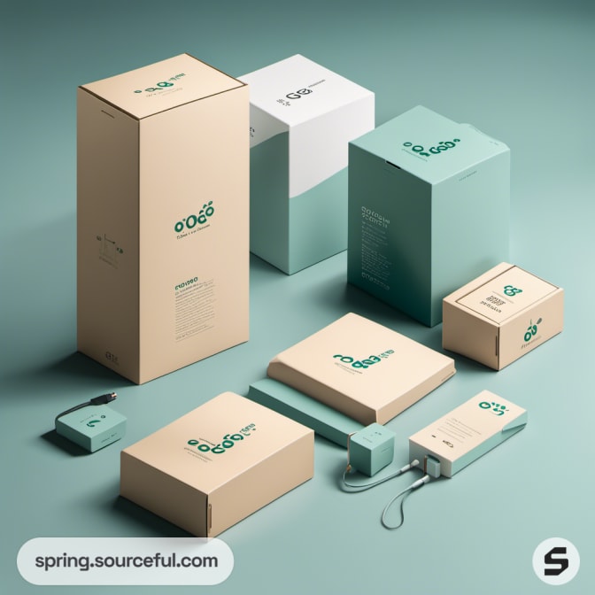 Assorted beige and teal boxes on teal surface, including rectangular and square shapes.