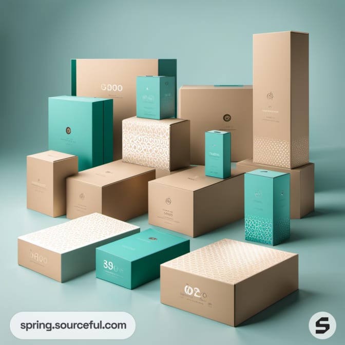 Various sized teal and beige boxes stacked with intricate patterns.