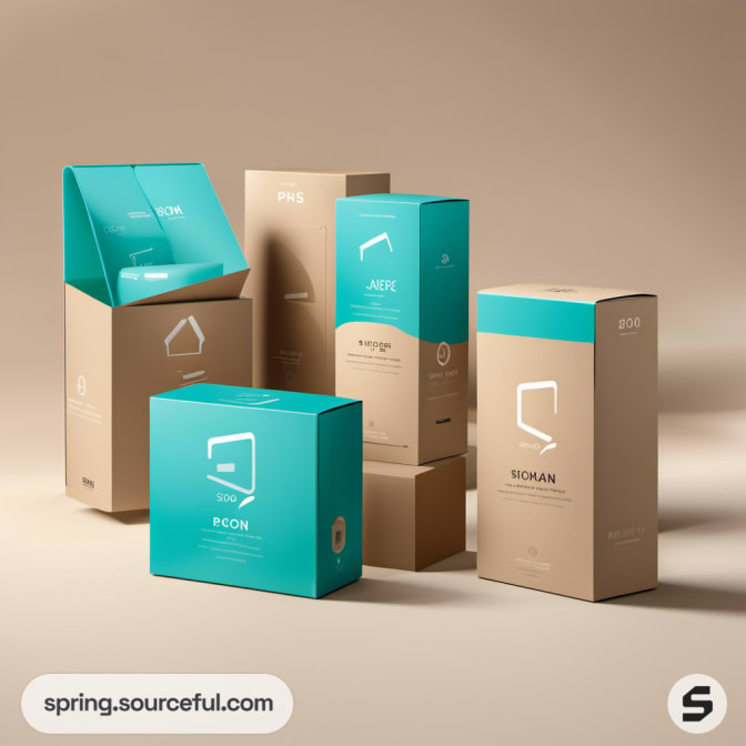 Assorted teal and beige boxes with minimalist graphics on beige surface.