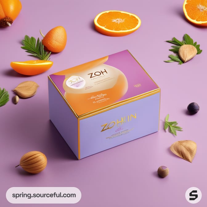 Purple and orange themed cosmetic box with oranges and leaves on a lavender background.