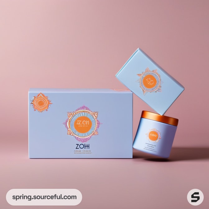 Pastel blue cosmetic jar and box with intricate orange label design against a mauve background.