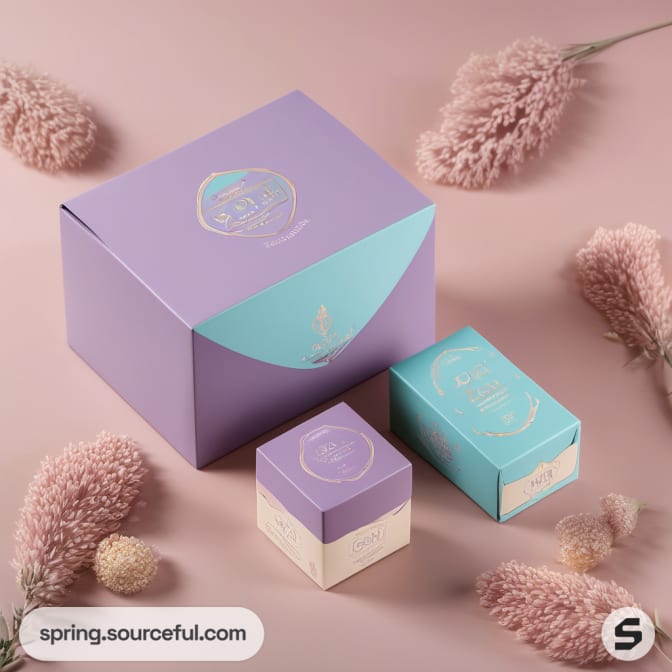 Purple and teal cosmetic boxes with fluffy pink plants on a soft pink surface.