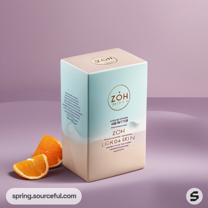 Two-toned blue and beige tall cosmetic box with orange slices on a purple surface.