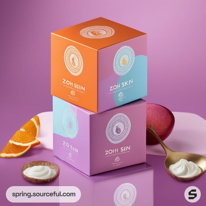 Stacked colorful cube cosmetic boxes with spoon and fruit slices on a purple background.