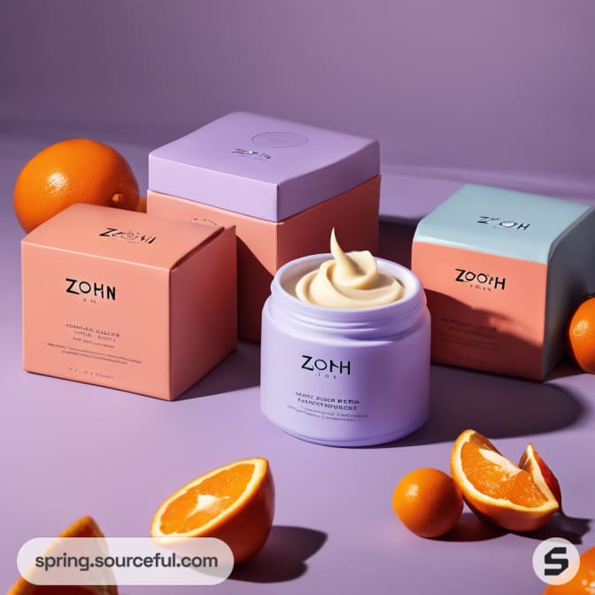 Lavender cosmetic jar and orange cubes with orange halves on a purple surface.