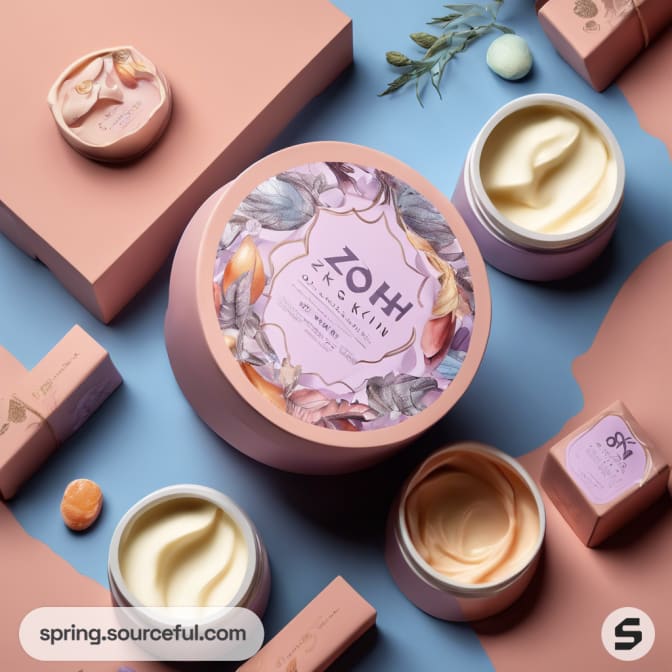 Round and square cosmetic boxes with floral design against a blue and peach background.